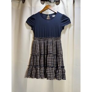 Poppies and Roses Girls Navy Gingham Tiered Mixed Media Dress Size M A02317267